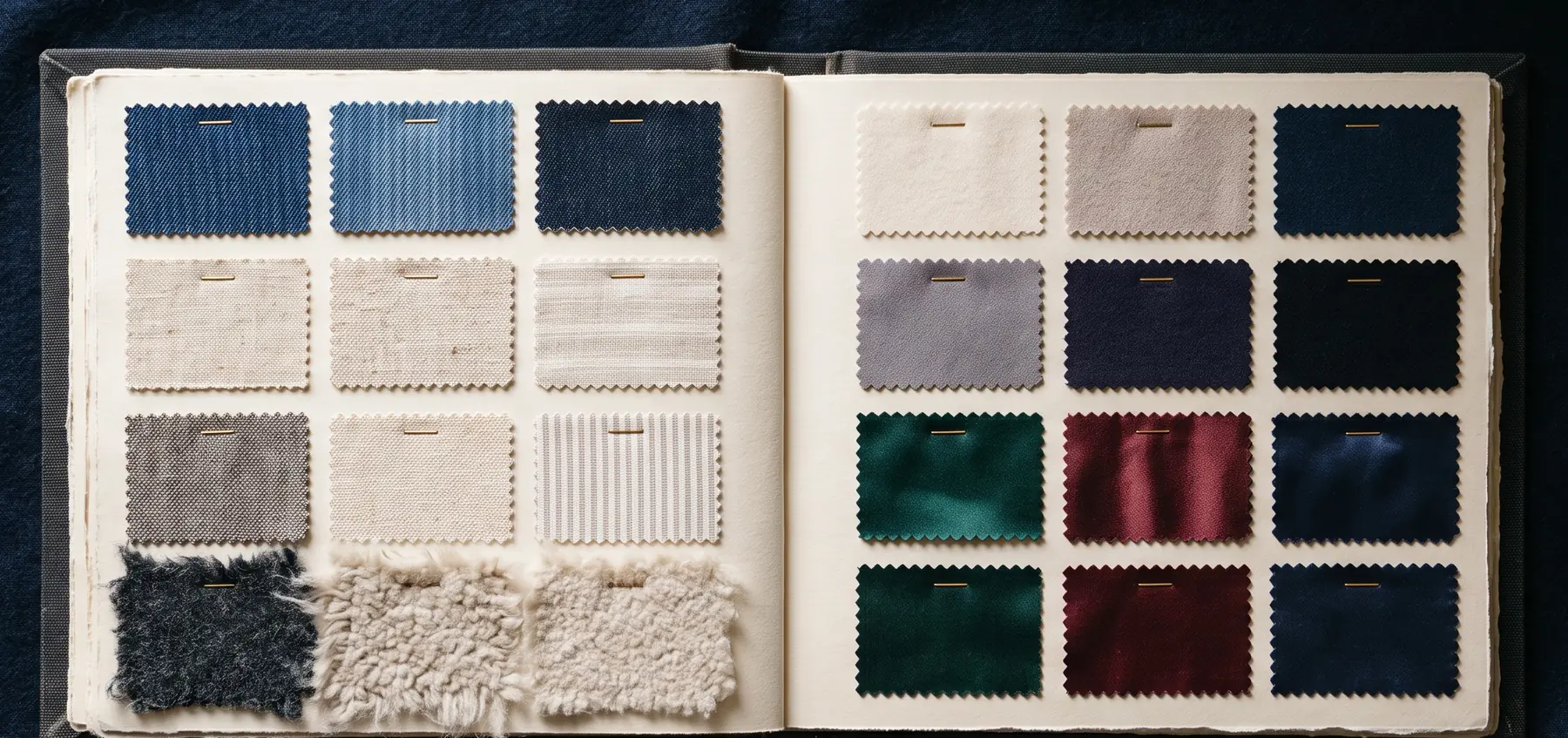 Livre d’échantillons de tissus ouvert : denim, lin, laine, satin